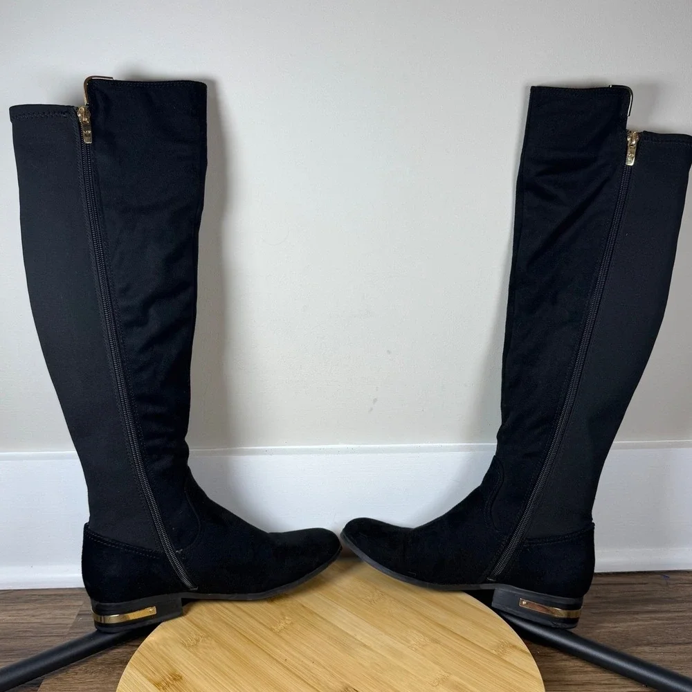 Marc Fisher Knee High Boots Women 6M Black Good Gold Detail Faux Suede Stretch